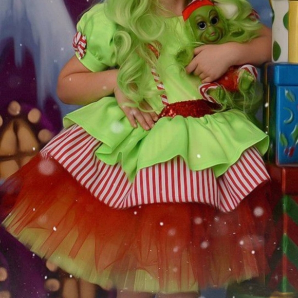 dark green linen dress Girl's applique 
